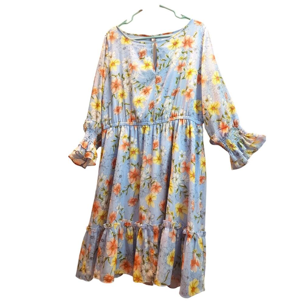 Calvin Klein Blue Orange Floral Flower Print Keyhole Flutter Smocked Dress 16